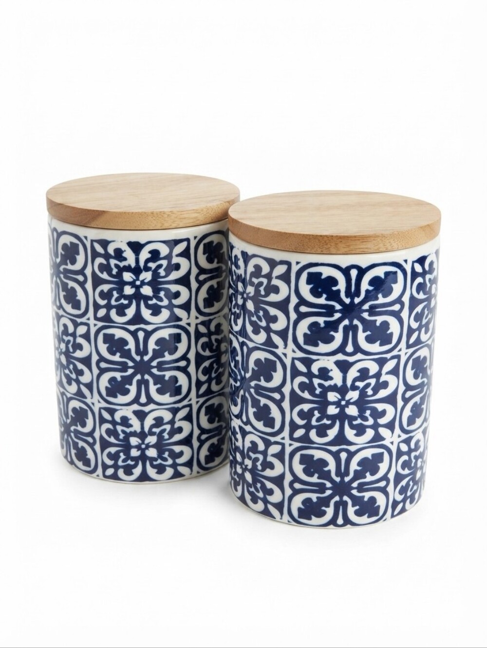 Vintage Pier 1 Blue & White Moroccan Tile Stoneware Canisters Set of 2 with Wood
